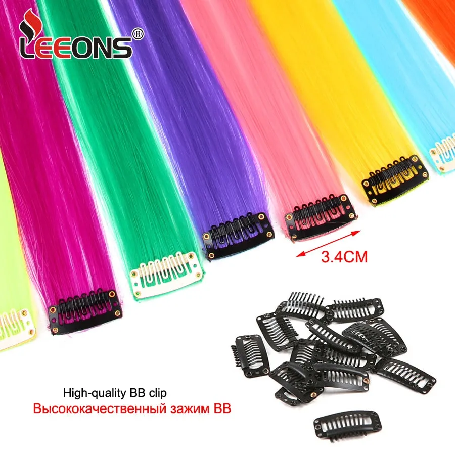 Leeons Colored Highlight Synthetic Hair Extensions Clip In One Piece Color Strips 20" Long Straight Hairpiece For Sports Fans