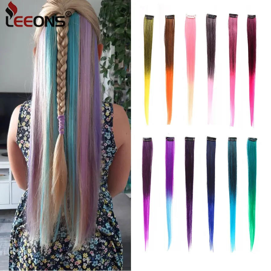 Leeons Colored Highlight Synthetic Hair Extensions Clip In One Piece Color Strips 20" Long Straight Hairpiece For Sports Fans