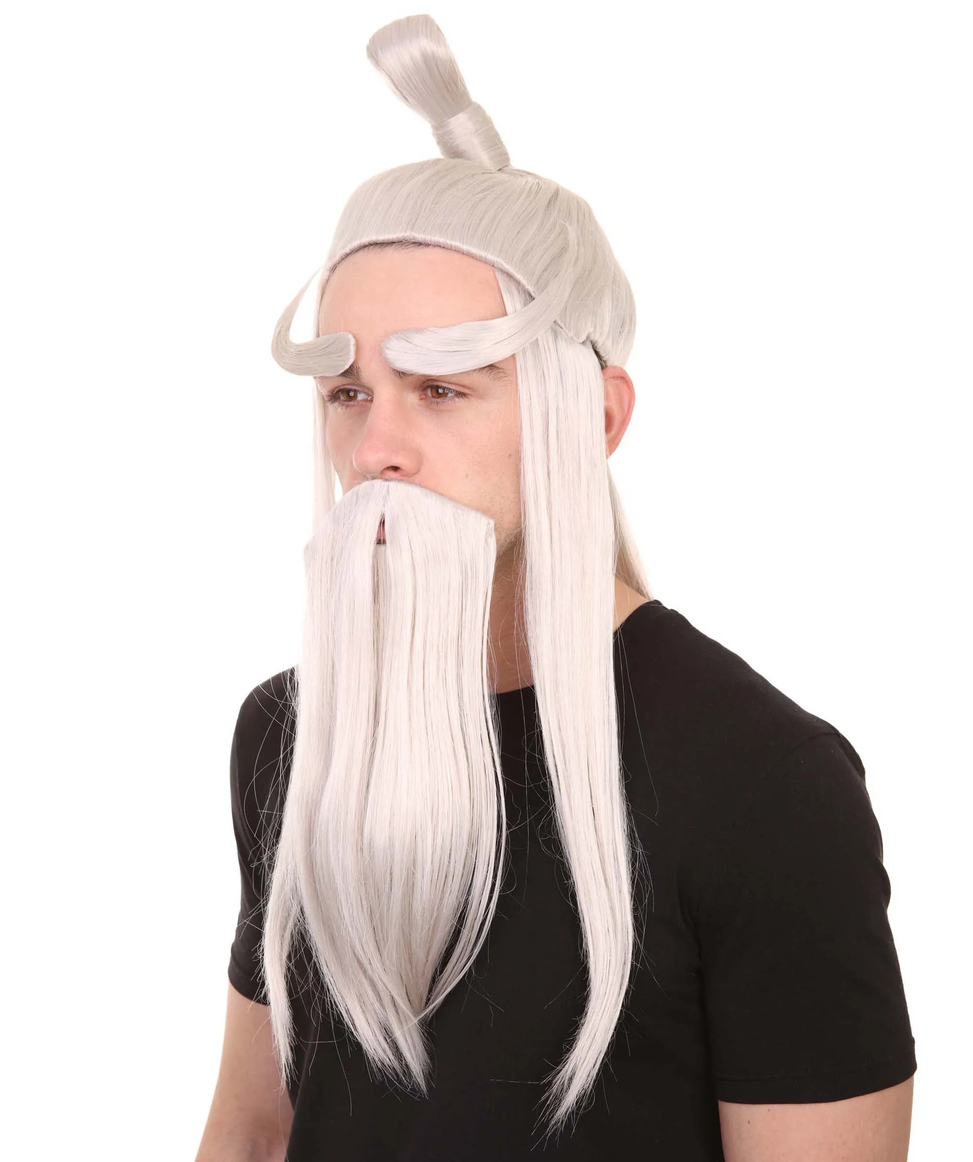 Martial Arts Master Mens Wig Beard Eyebrow Set | Asian Wig | Premium Breathable Capless Cap