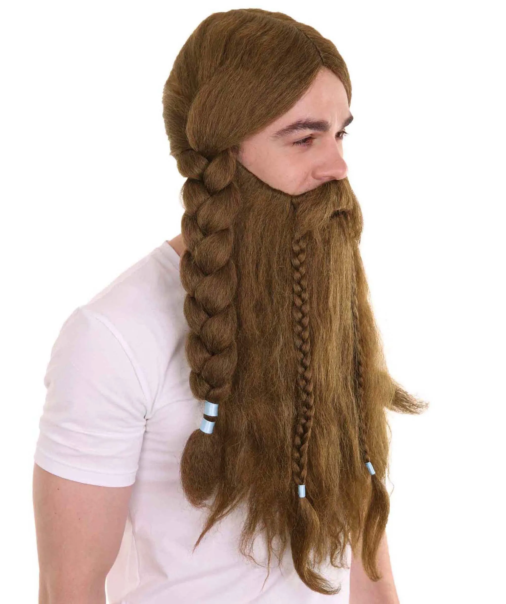 Men's Long Brown Cosplay Scandenavian Pirates Wig & Beard Set , Brown Cosplay Halloween Wig , Premium Breathable Capless Cap