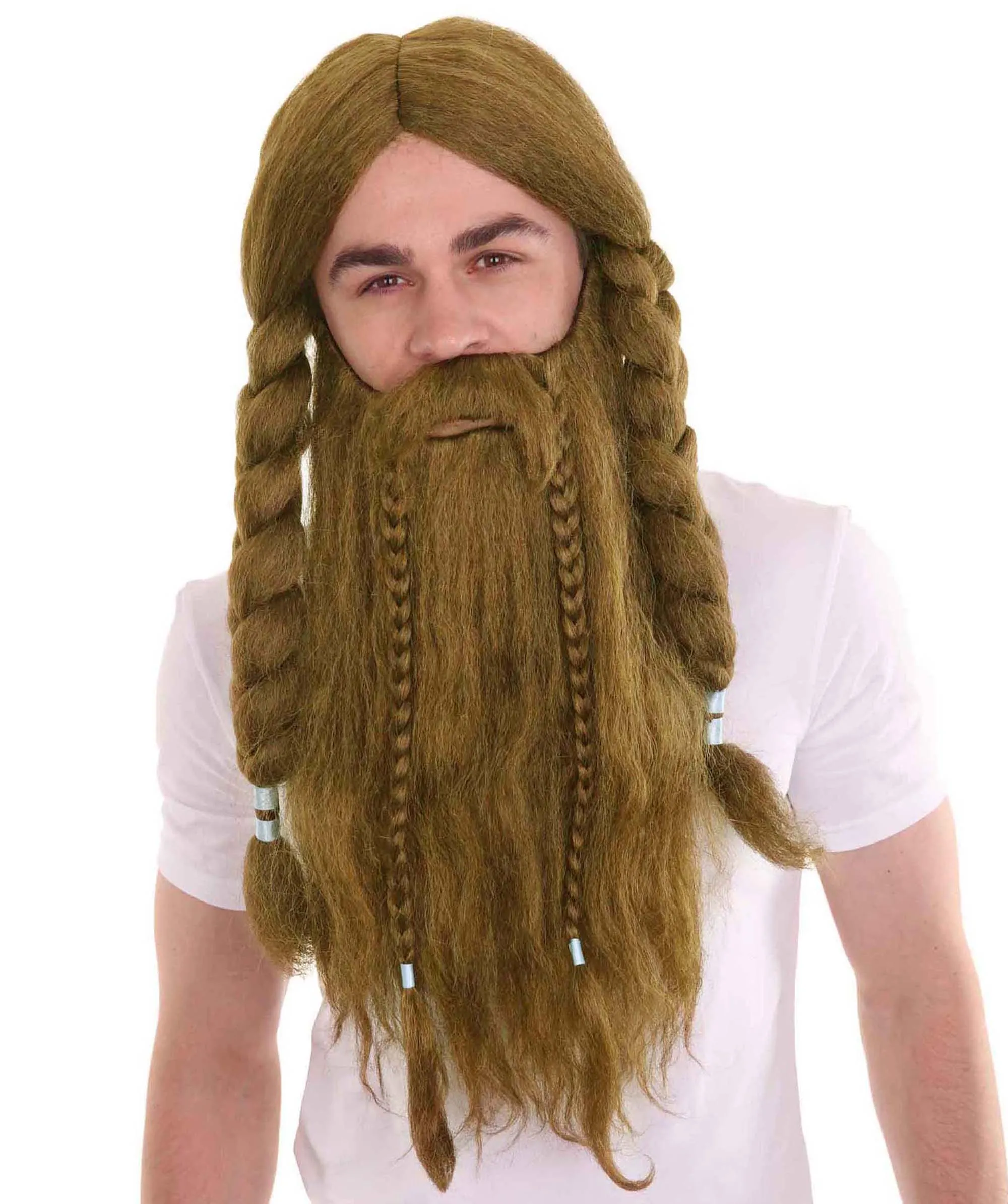 Men's Long Brown Cosplay Scandenavian Pirates Wig & Beard Set , Brown Cosplay Halloween Wig , Premium Breathable Capless Cap