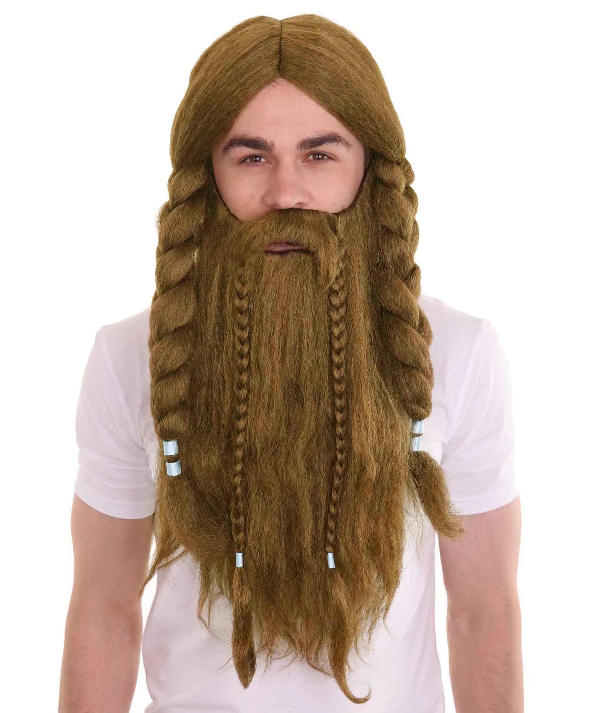 Men's Long Brown Cosplay Scandenavian Pirates Wig & Beard Set , Brown Cosplay Halloween Wig , Premium Breathable Capless Cap