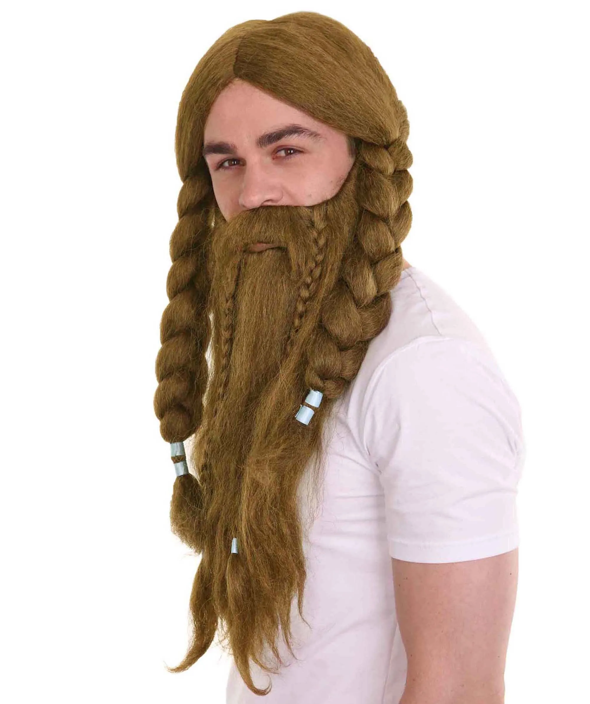 Men's Long Brown Cosplay Scandenavian Pirates Wig & Beard Set , Brown Cosplay Halloween Wig , Premium Breathable Capless Cap