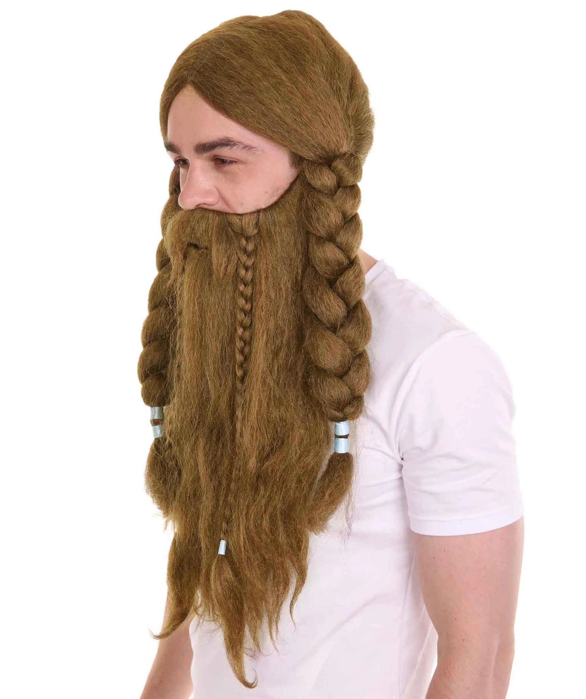 Men's Long Brown Cosplay Scandenavian Pirates Wig & Beard Set , Brown Cosplay Halloween Wig , Premium Breathable Capless Cap