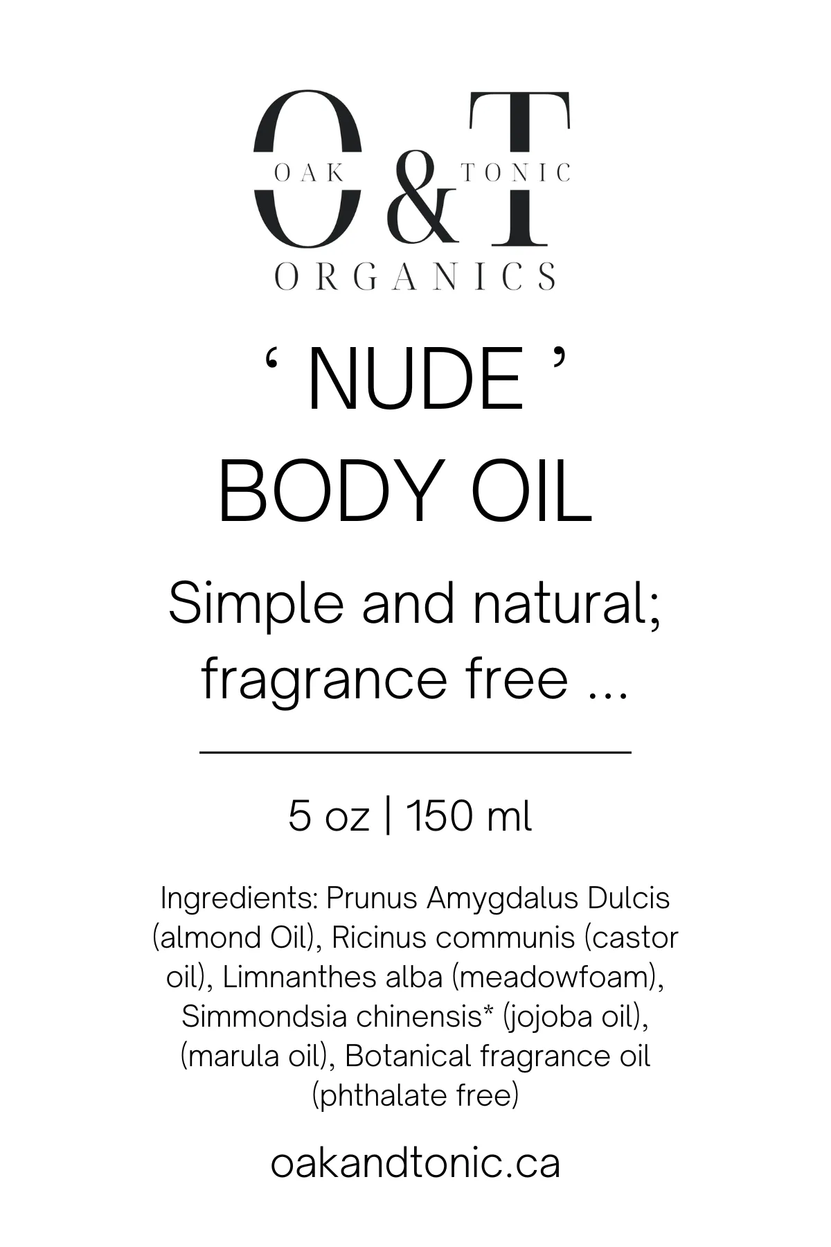 Oak & Tonic Organics | Nude Body Oil 150ml