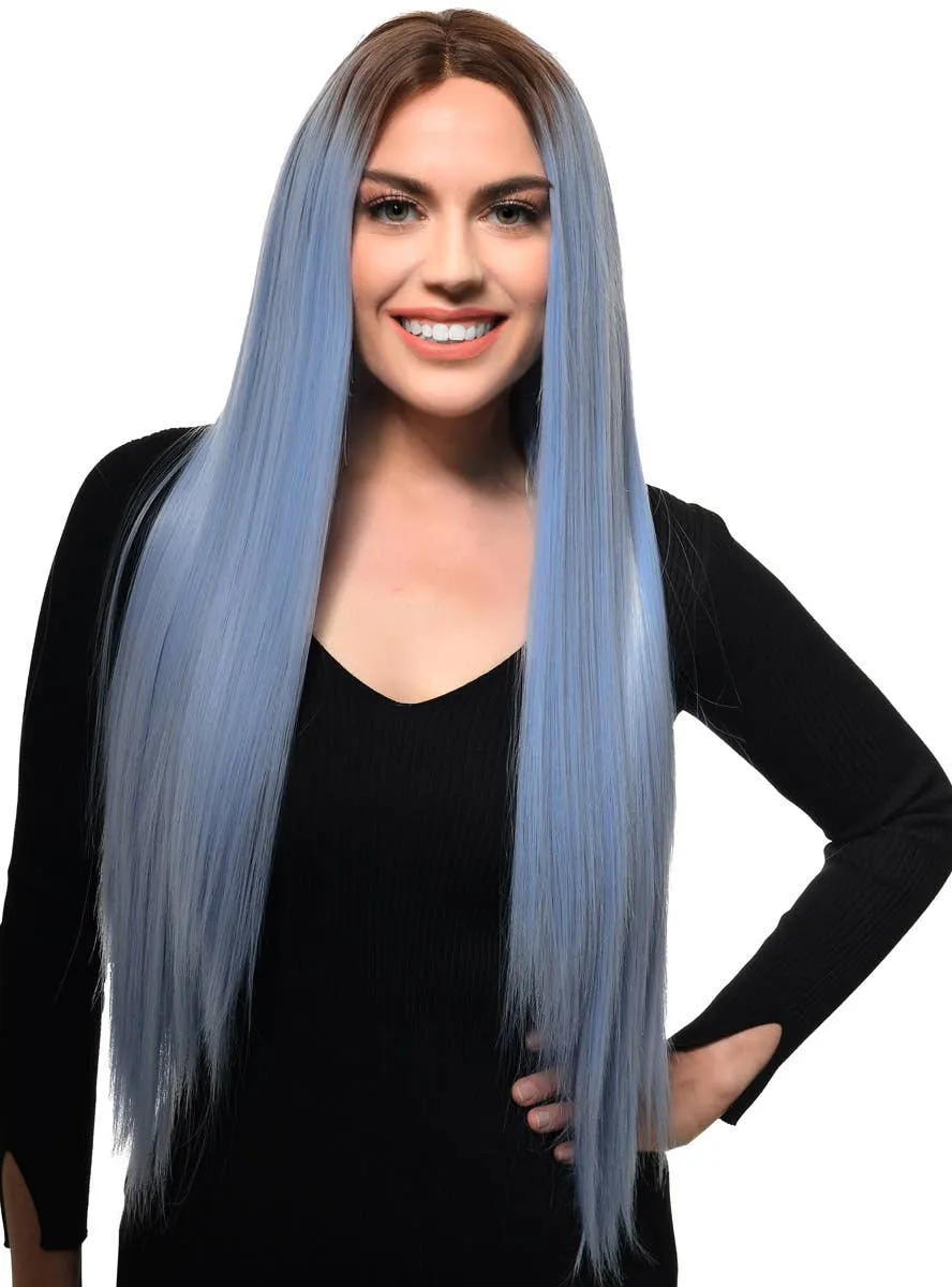 Periwinkle Blue Rooted Long Straight Lace Front Fashion Wig