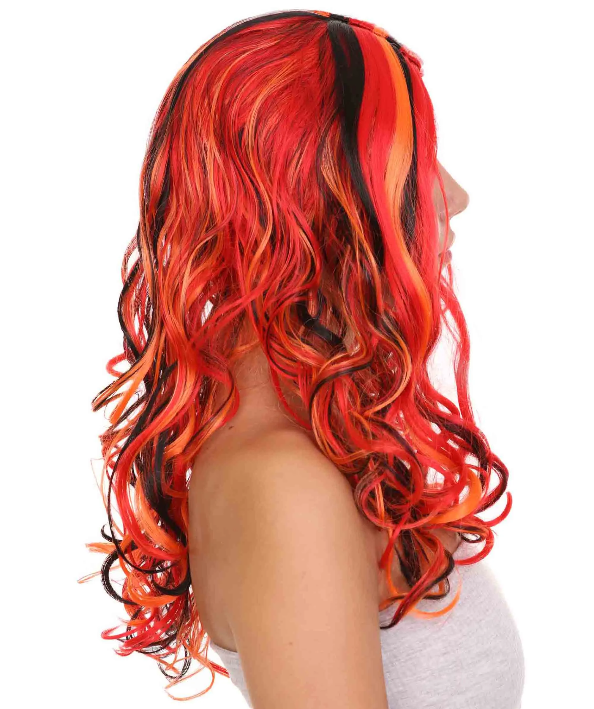 Red Multicolor Womens Wig | Long Curly Party Ready Fancy Cosplay Halloween Wig | Premium Breathable Capless Cap