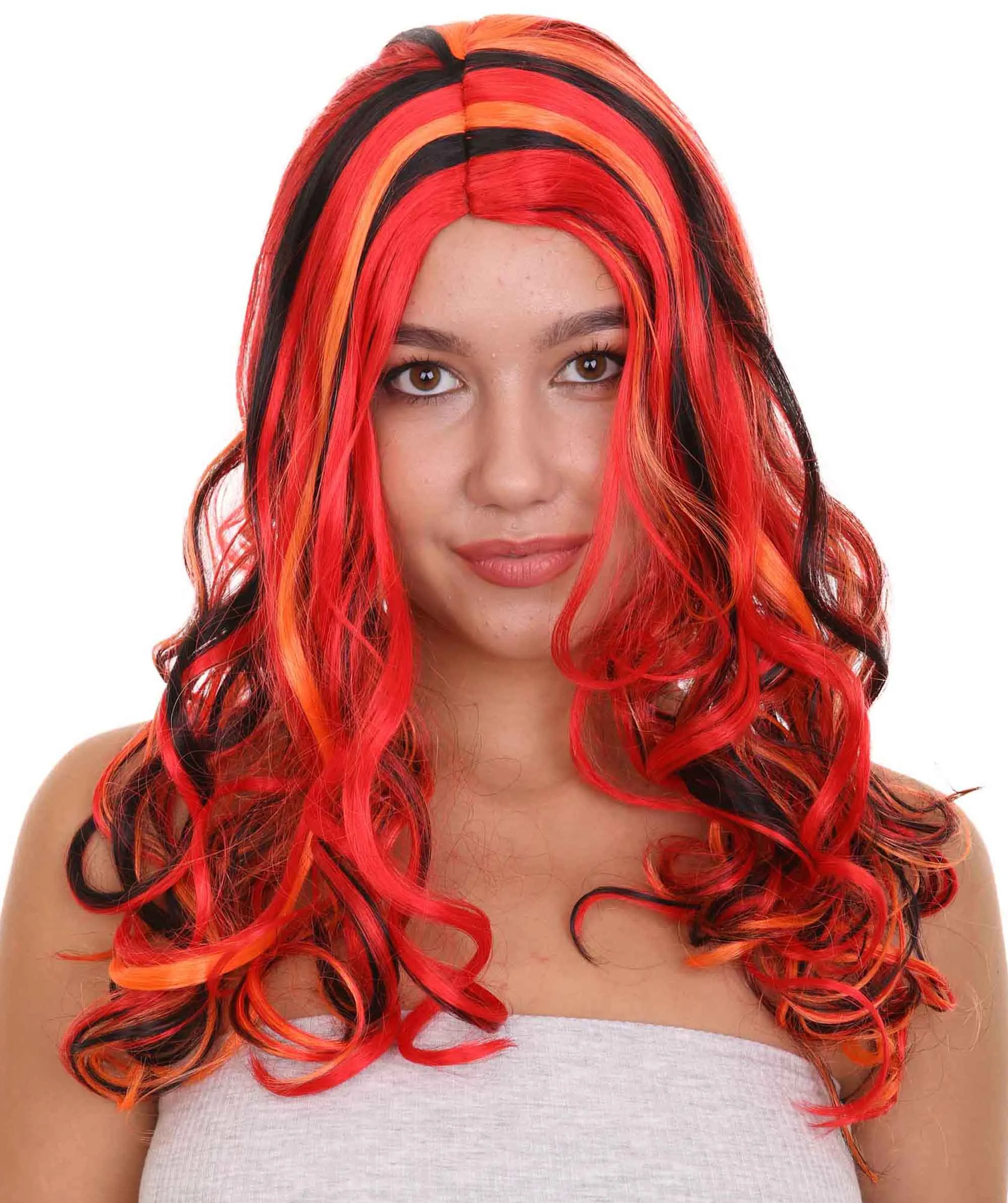 Red Multicolor Womens Wig | Long Curly Party Ready Fancy Cosplay Halloween Wig | Premium Breathable Capless Cap