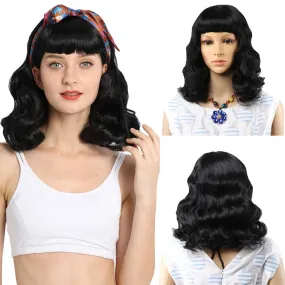 Short Womens Wigs Rockabilly Vintage Wig with Bang Black Pink Golden Synthetic Wavy Wig for Women Daily Party False Hair