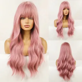 Voluminous Long and Wavy Pink Hair Wigs with Bangs