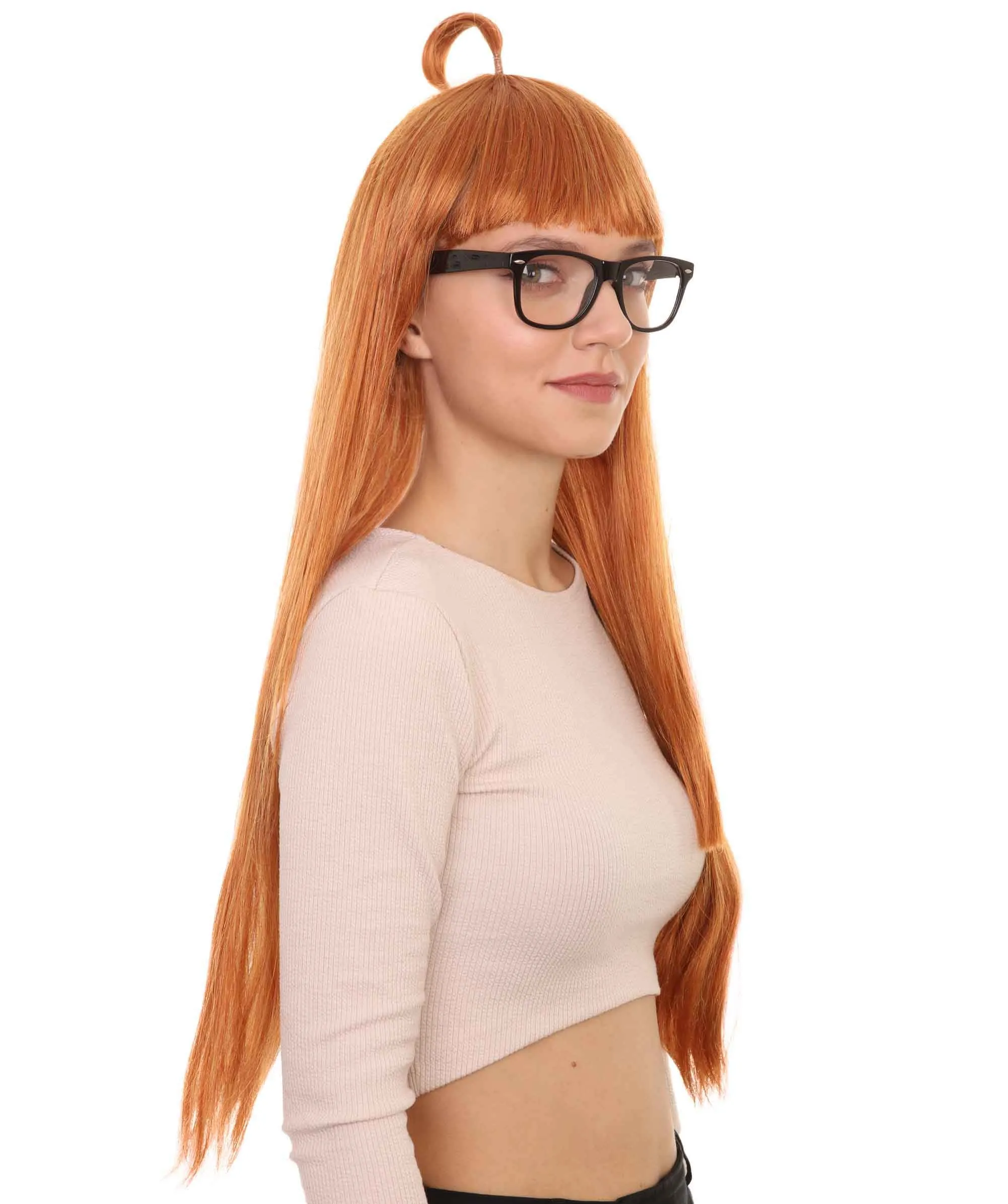 Womens Brown Long Straight Wig with Glasses  | Video Game Wigs | Premium Breathable Capless Cap