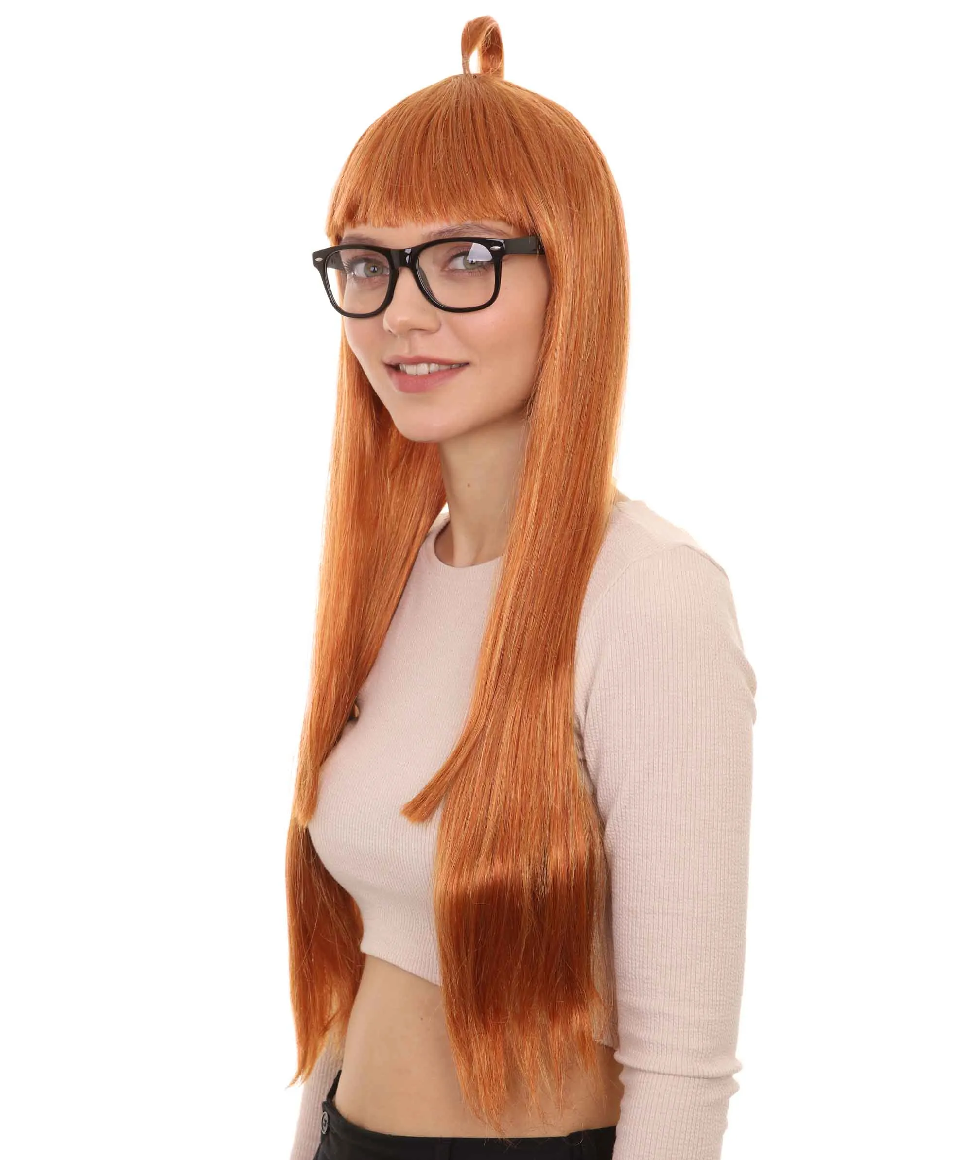 Womens Brown Long Straight Wig with Glasses  | Video Game Wigs | Premium Breathable Capless Cap