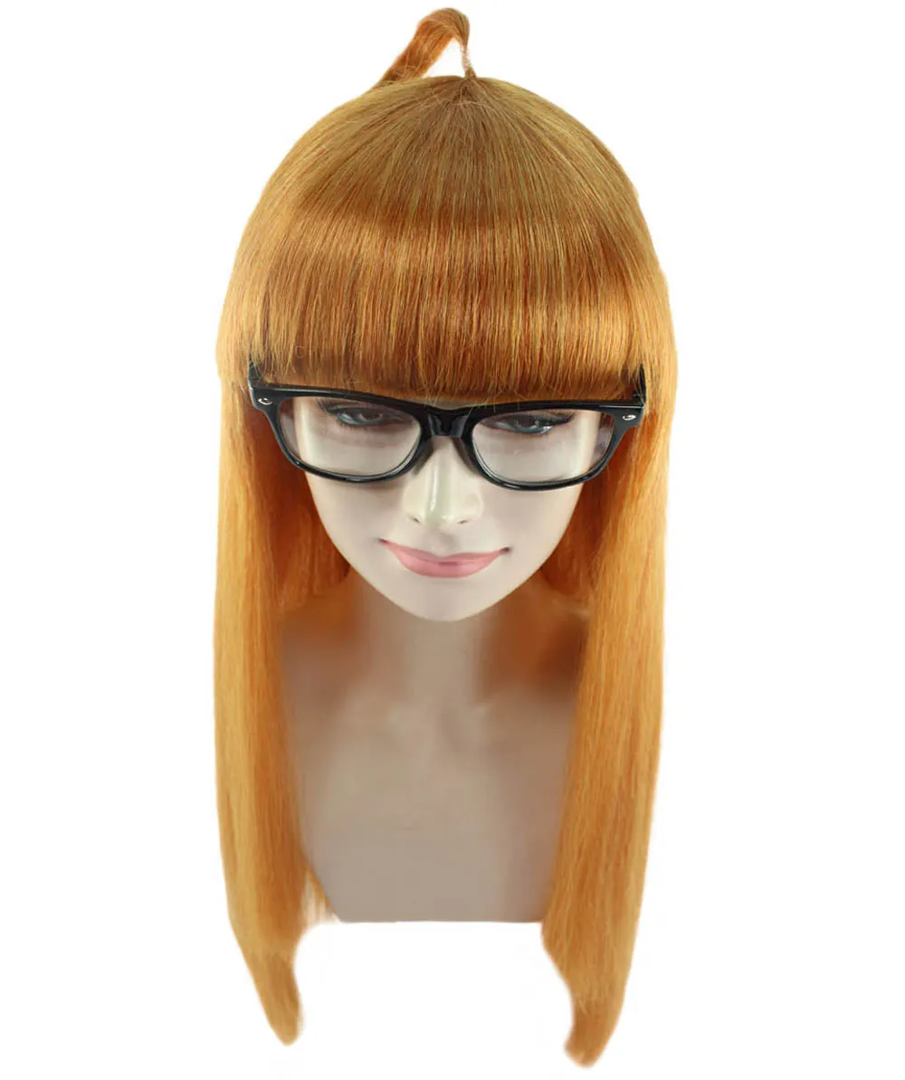 Womens Brown Long Straight Wig with Glasses  | Video Game Wigs | Premium Breathable Capless Cap