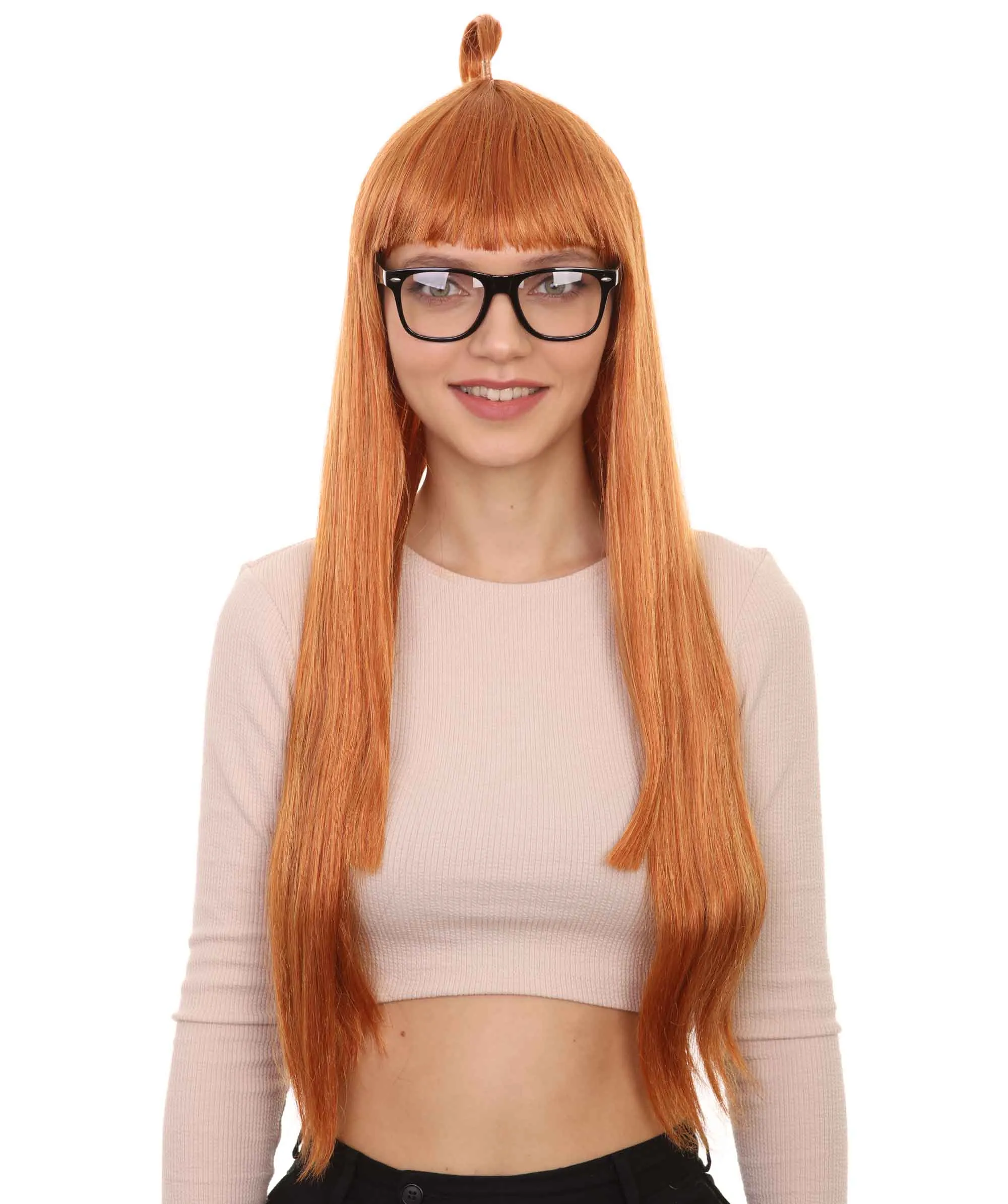 Womens Brown Long Straight Wig with Glasses  | Video Game Wigs | Premium Breathable Capless Cap