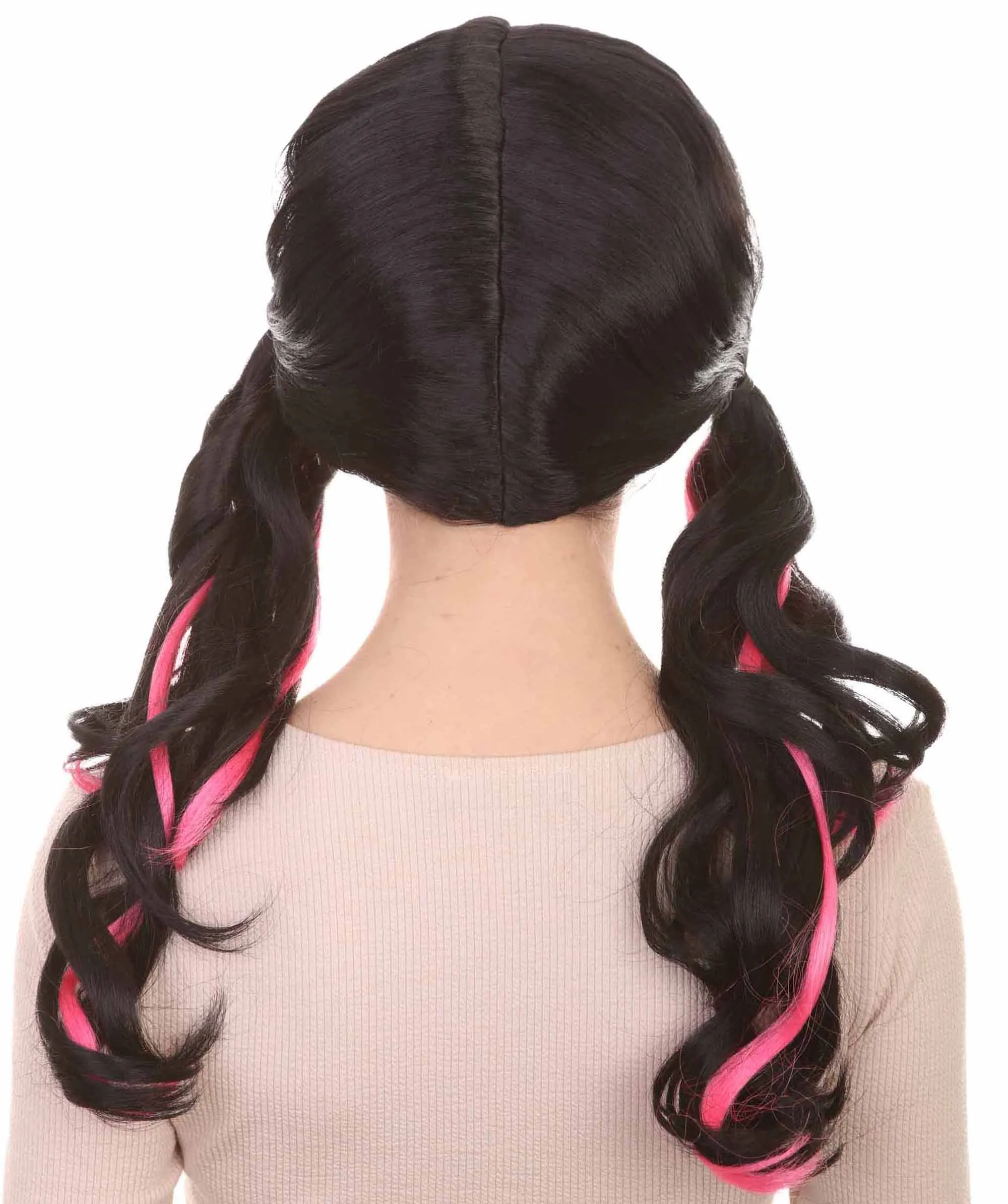 Womens Dracula Ponytails Curly Wig | Black & Pink TV/Movie Wigs | Premium Breathable Capless Cap