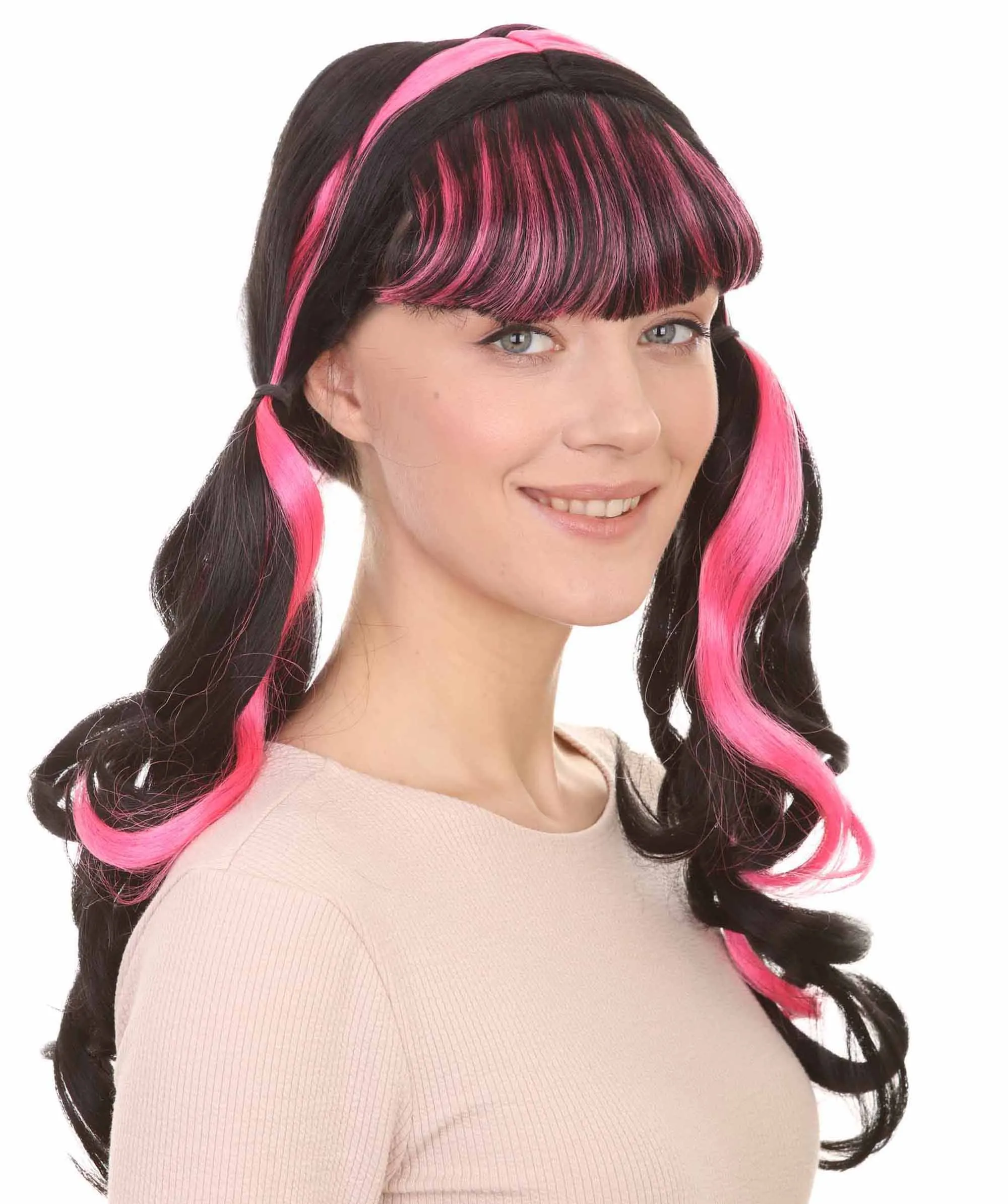 Womens Dracula Ponytails Curly Wig | Black & Pink TV/Movie Wigs | Premium Breathable Capless Cap