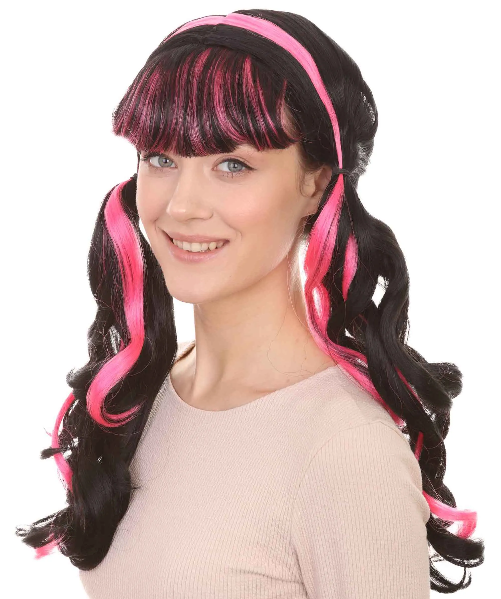 Womens Dracula Ponytails Curly Wig | Black & Pink TV/Movie Wigs | Premium Breathable Capless Cap