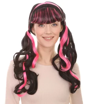 Womens Dracula Ponytails Curly Wig | Black & Pink TV/Movie Wigs | Premium Breathable Capless Cap